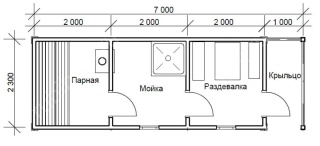 Мобильная баня 2.3×7 с крыльцом, 16.1 м²